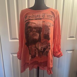 Style & Co. Vibrant Orange Long Sleeve Tee “ Fashion Times London to Paris”.
